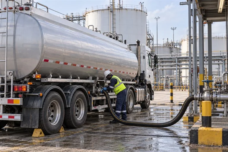Technician connecting a fuel transfer hose to a bulk tanker at a depot