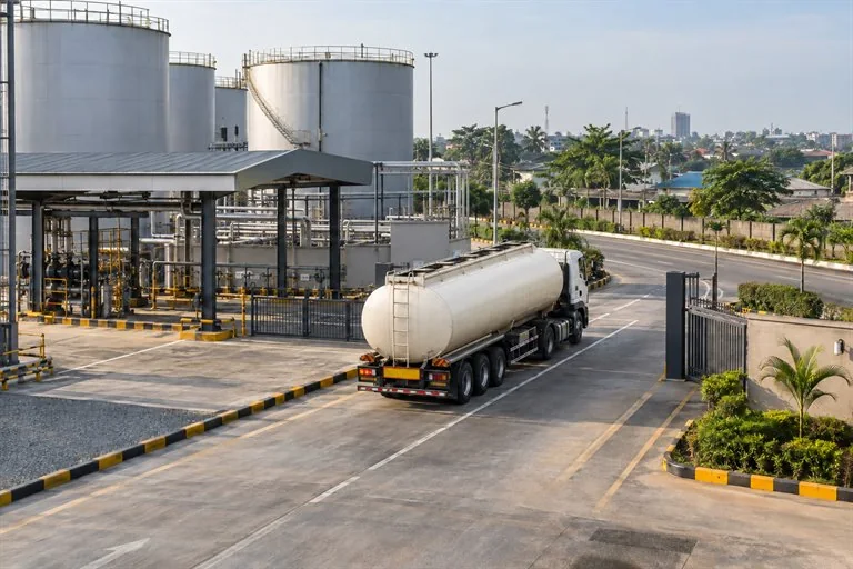Painted fuel tanker leaving a depot dispatch lane toward the delivery route