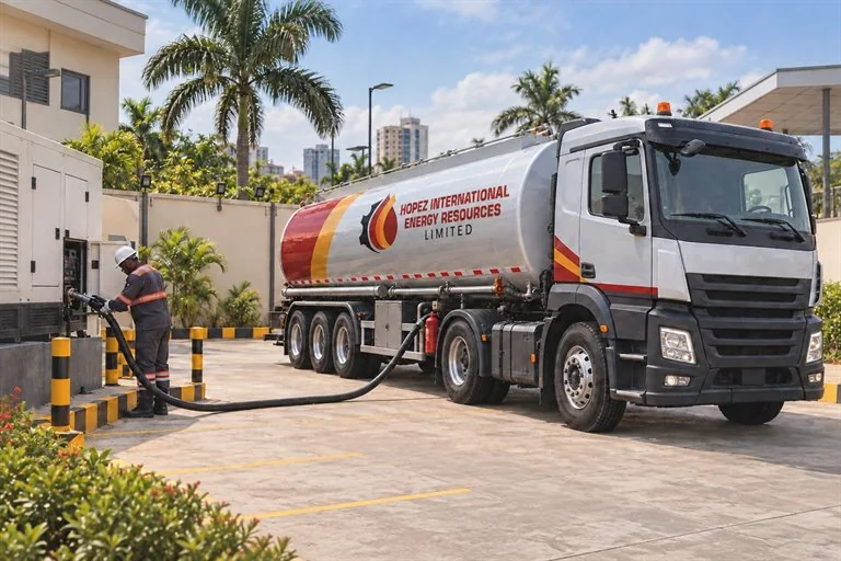 Diesel tanker supplying a generator while a technician controls the hose connection