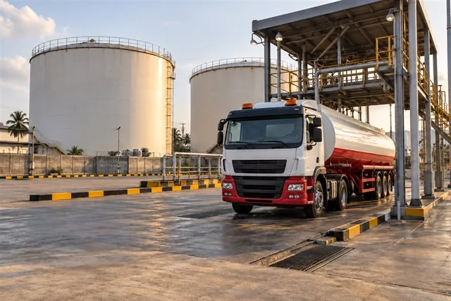 Petroleum depot storage tanks and a tanker at a dispatch bay