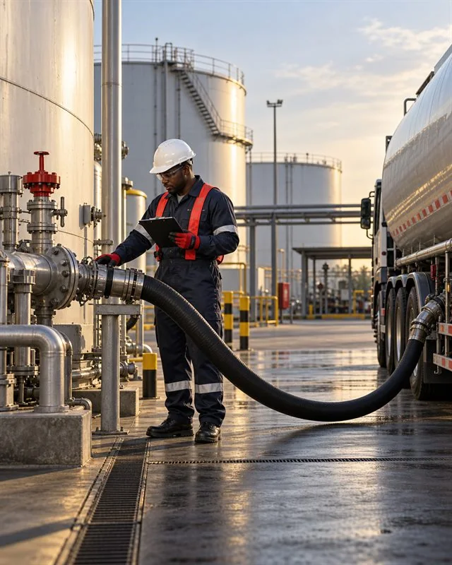Technician monitoring a hose connection between a fuel tanker and storage tank