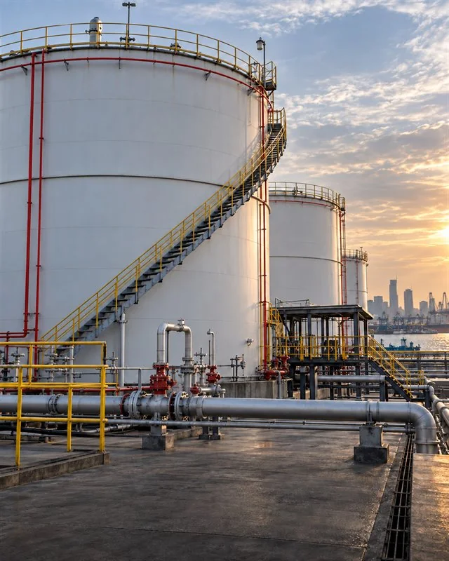 Petroleum storage tanks, stairways, valves and pipework