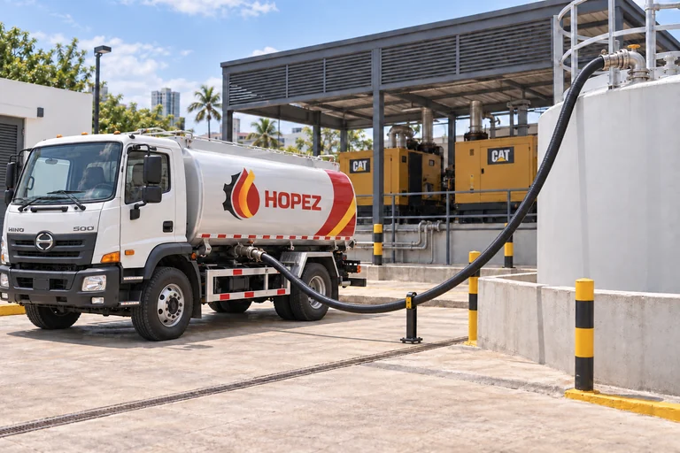 Rugged HOPEZ diesel truck transferring fuel through a top-mounted fill connection into the storage tank serving a CAT generator plant