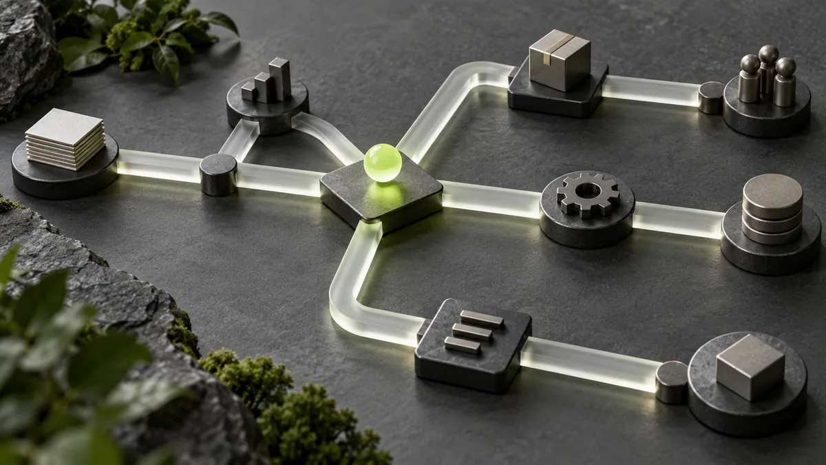 A physical workflow model with connected graphite nodes and a green decision point