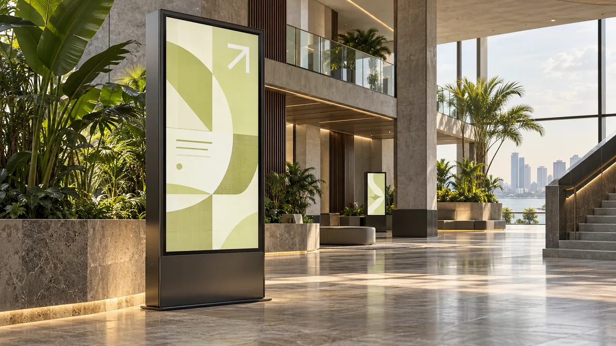 An elegant freestanding digital information display in a contemporary public space