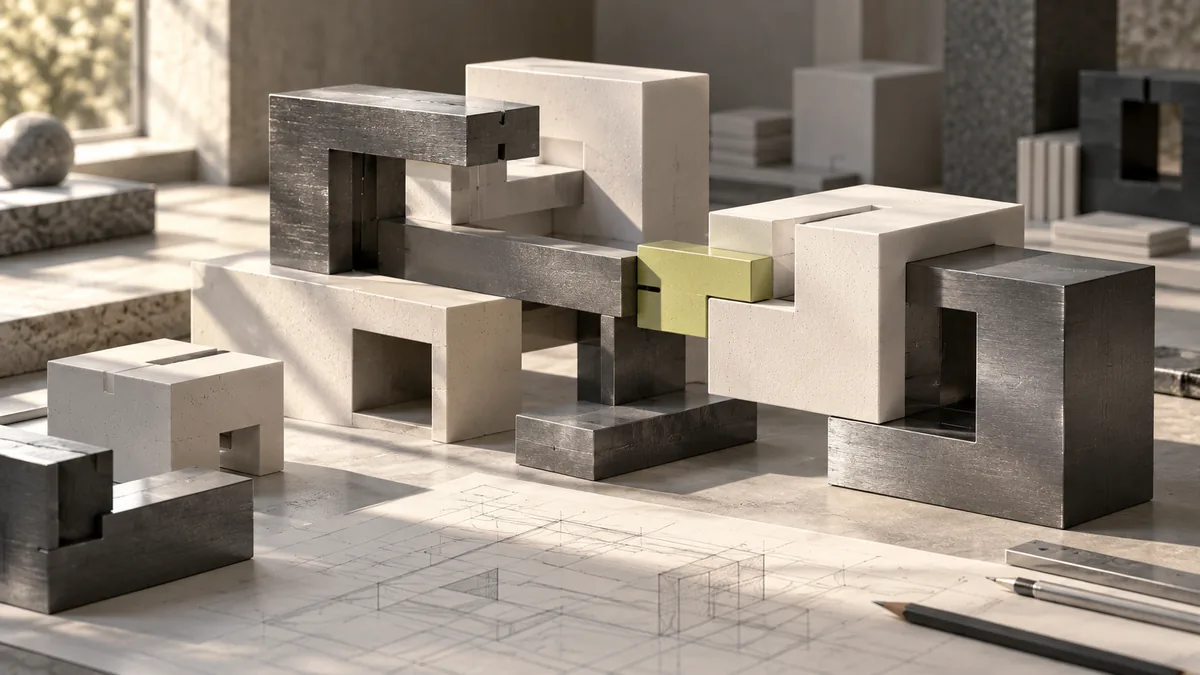 A carefully arranged architectural model of connected graphite and ivory modules
