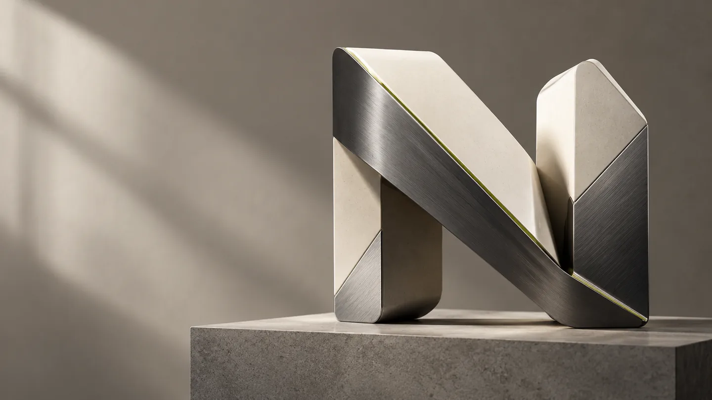 A sculptural N made from carefully connected graphite and ivory forms